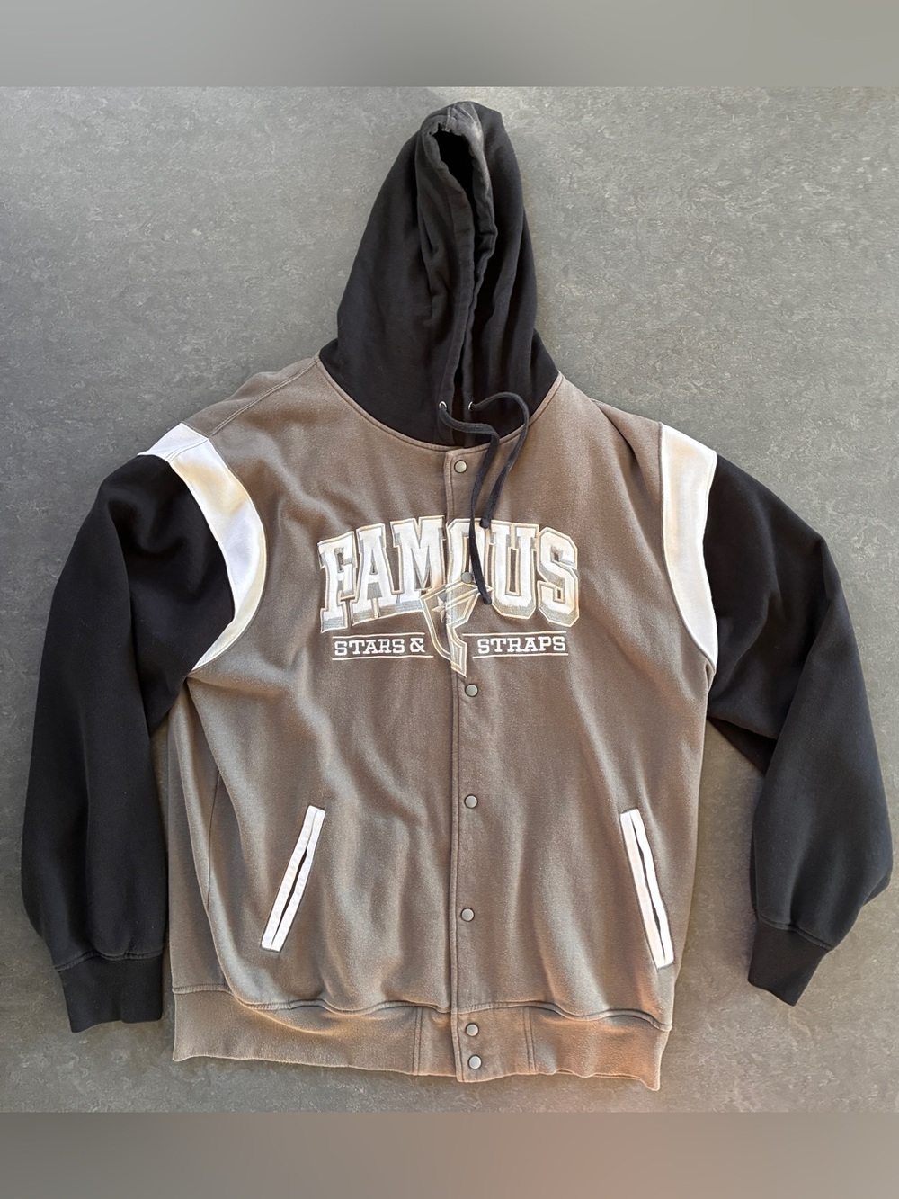Famous Stars & Straps Taupe Hooded Baseball Jacket with Black Sleeves